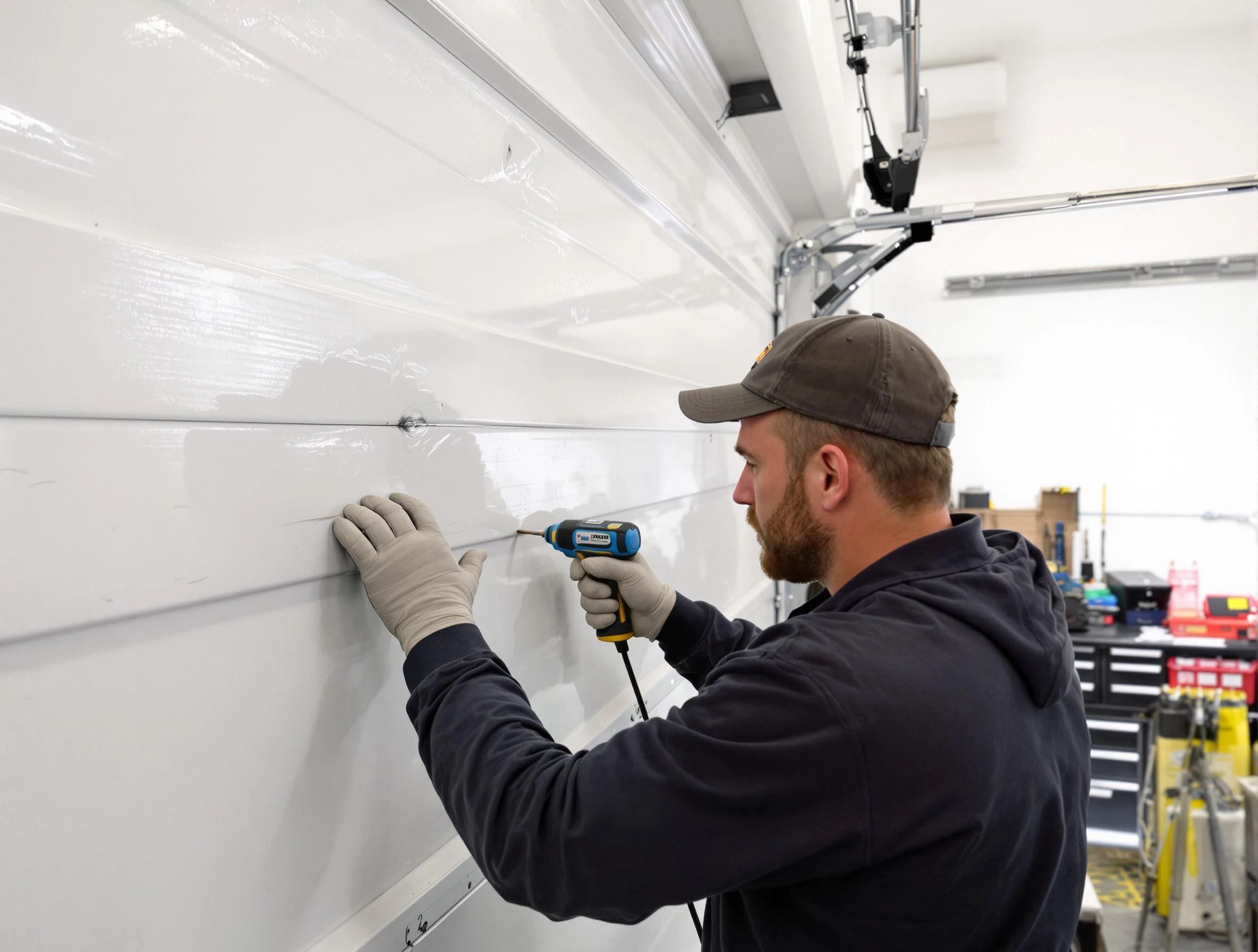 Milliken Garage Door Repair technician demonstrating precision dent removal techniques on a Milliken garage door
